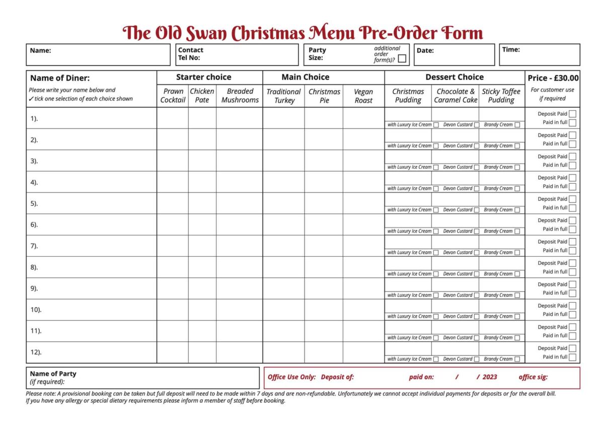 xmas menu order form 2023