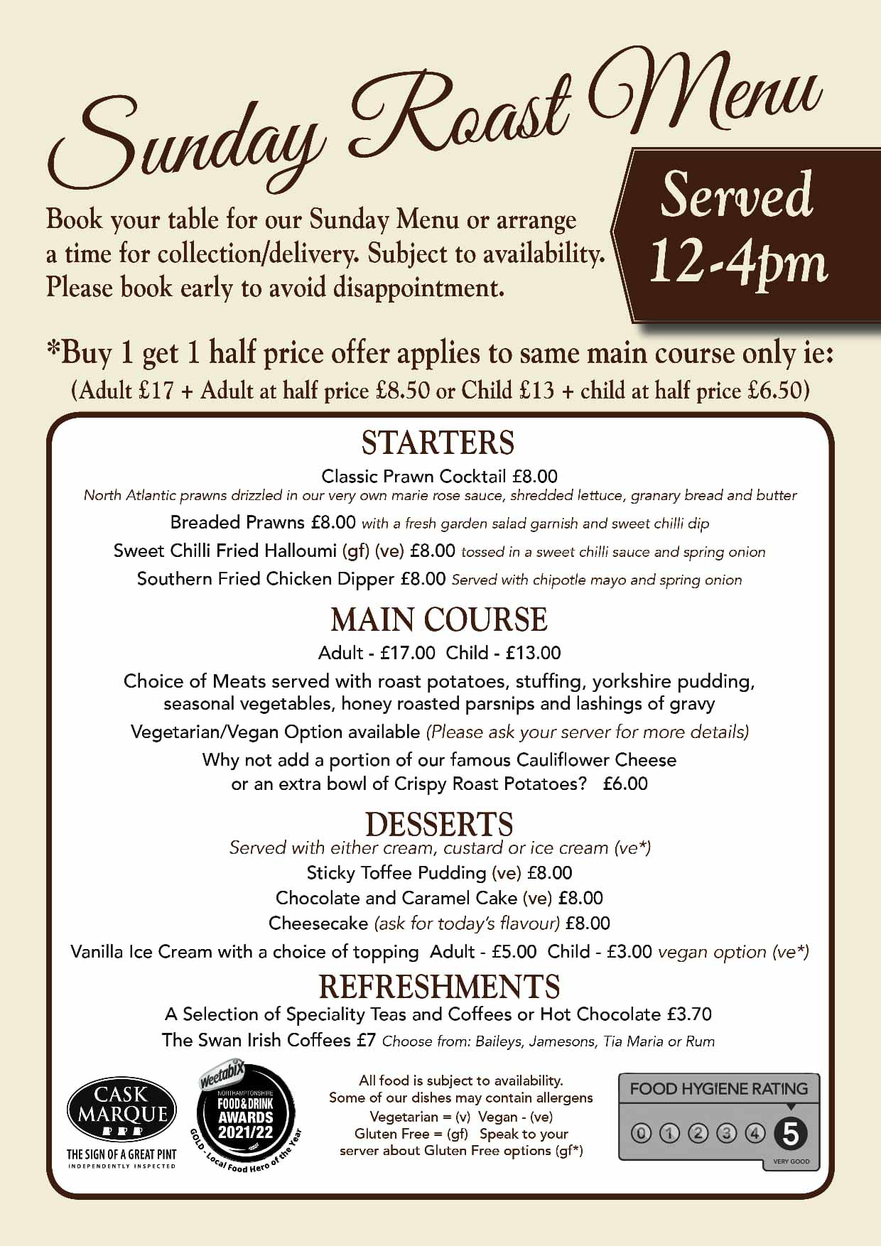 Sunday Roast Menu Jan 2024